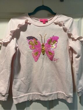 BETSEY JOHNSON  Girls XL Light Pink Sequin Butterfly Ruffle Sweatshirt